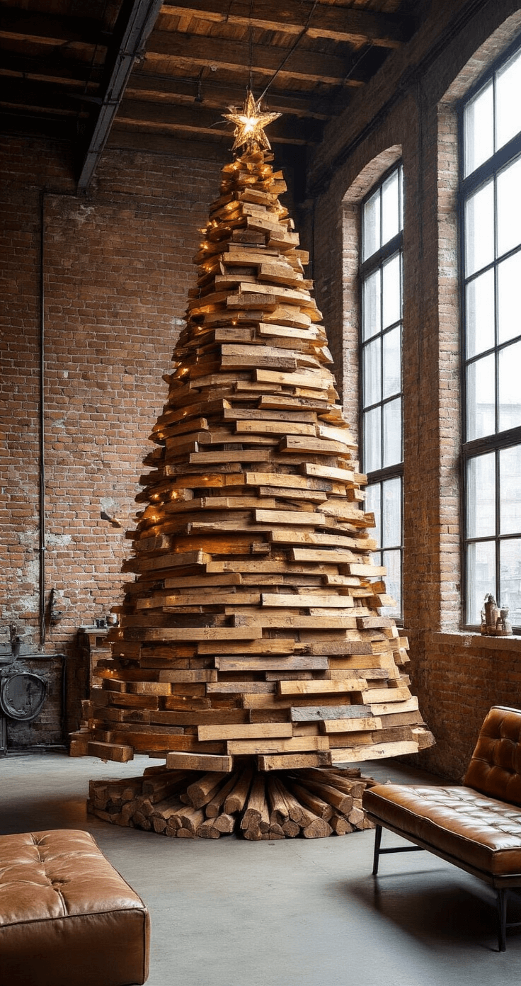 DIY Kerstboom van Hout of Papier: Creëer Jouw Eigen Feestelijke Decoratie Industriële loft met robuuste houten kerstboom van gerecyclede planken, gouden uurtje licht door stalen ramen, betonnen vloer, leren banken, metalen accenten en bakstenen muren.