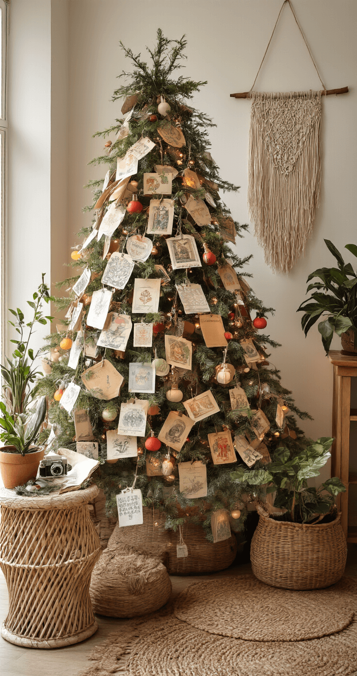 DIY Kerstboom van Hout of Papier: Creëer Jouw Eigen Feestelijke Decoratie Bohemian woonkamer met vintage kaarten kerstboom op rieten bijzettafel, zachte avondverlichting, macramé wandhangers, kleurrijke kussens en keramische plantenpotten, sfeervol en eclectisch.