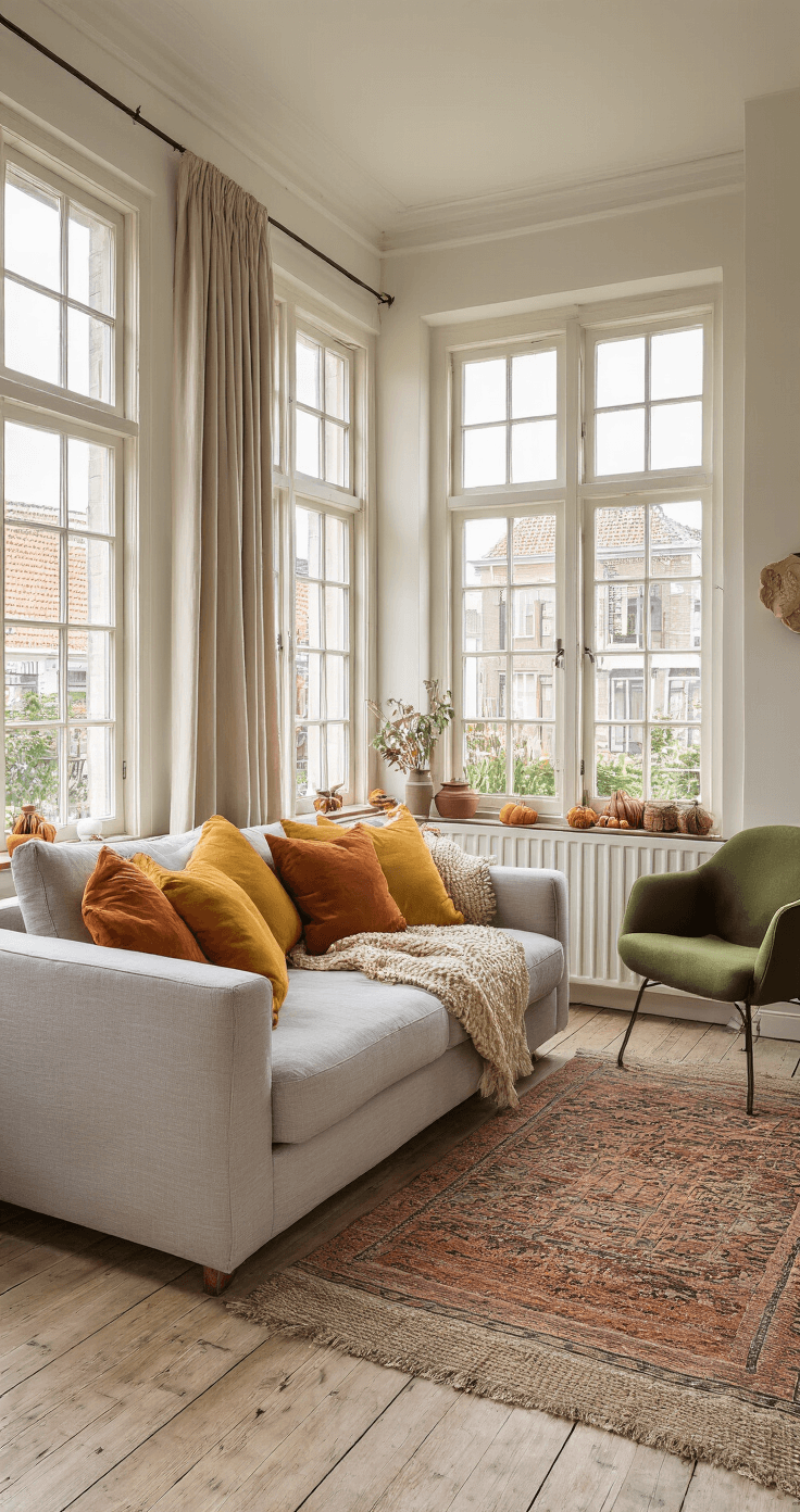 Gezellige Seizoensstyling voor Kleine Woonkamers: Van Herfst tot Kerst Compacte woonkamer met hoge plafonds, grote ramen en gouden ochtendlicht. Lichtgrijze bank met okergele en terracotta kussens, een donkergroene fauteuil en industriële salontafel. Warme off-white muren, houten vloer met vintage kleed en decoratieve pompoenen op de vensterbank. Gelaagde texturen en LED-sfeerlichtjes creëren een uitnodigende sfeer.