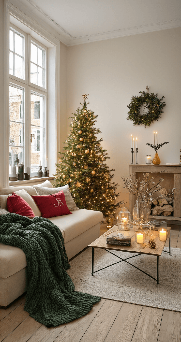 Gezellige Seizoensstyling voor Kleine Woonkamers: Van Herfst tot Kerst Kleine stadswoning woonkamer tijdens het gouden uur met een compacte kerstboom en warme verlichting, neutrale kleuren, gelaagde verlichting, en sfeervolle decoraties.