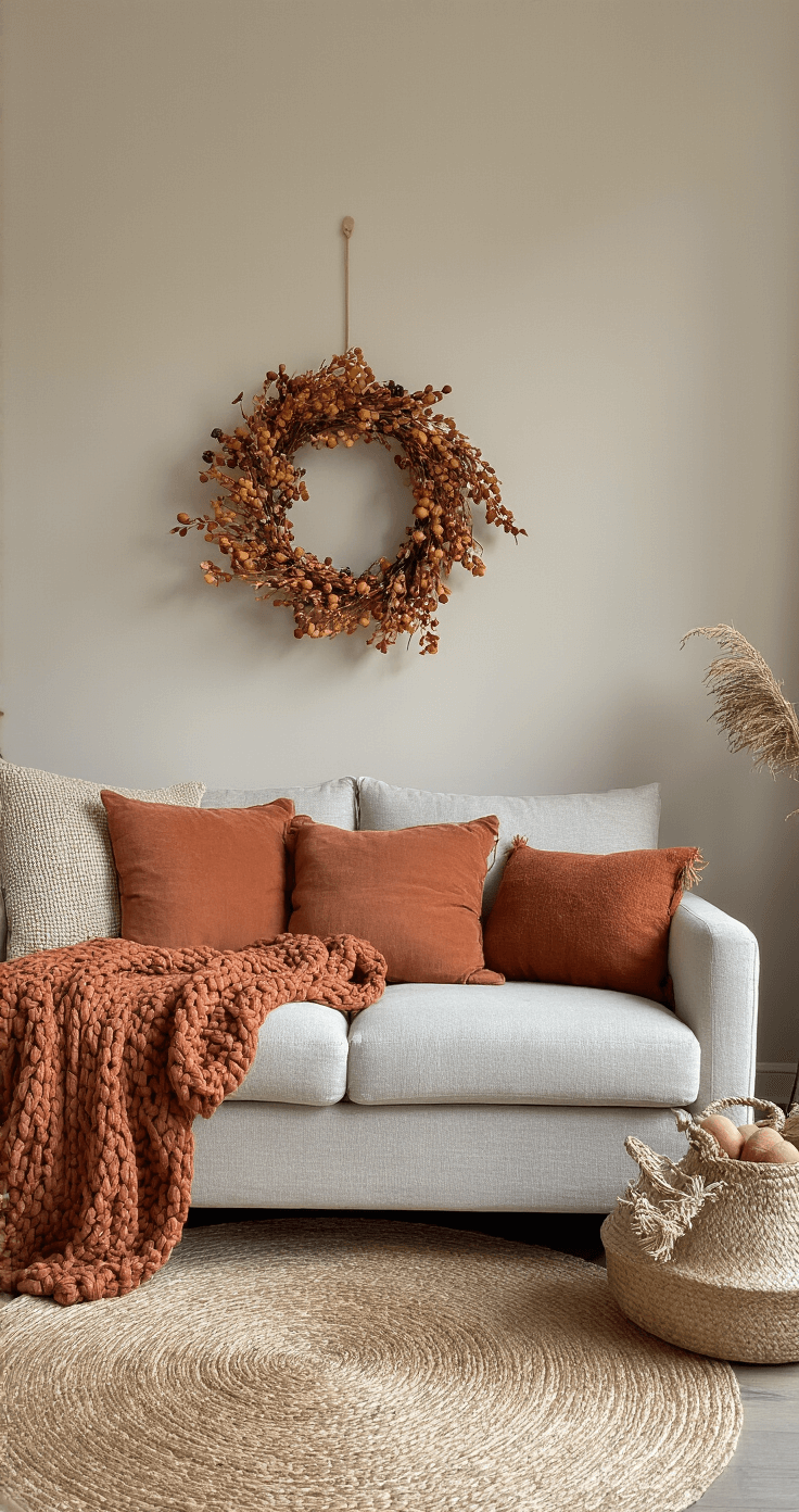 Gezellige Seizoensstyling voor Kleine Woonkamers: Van Herfst tot Kerst Gelaagde herfstdecoratie in kleine woonkamer met warme texturen: chunky knit throws in oker, terracotta fluwelen kussen, linnen gordijnen en lichtgrijze bank. Houten bijzettafel met dennenappels en takken, warme LED-verlichting, koperen accenten, neutrale muren, donkere houten vloer en berbertapijt. Natuurlijke materialen zoals rotan mand, keramische potten en houten schalen. Close-up van textuurdetails in warme belichting.