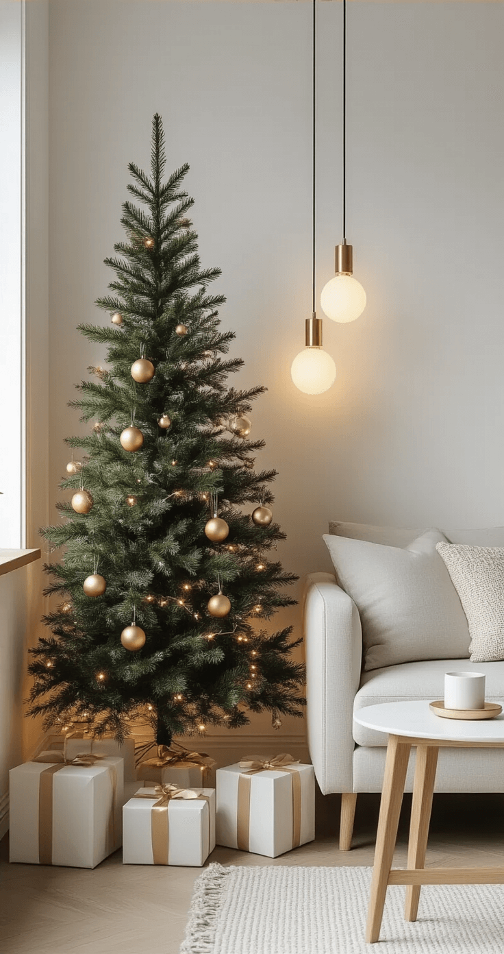 Gezellige Seizoensstyling voor Kleine Woonkamers: Van Herfst tot Kerst Minimalistische kerststyling in een compacte woonkamer van 13m² met wit-gouden kleuren, een mini-dennenboom, warme verlichting en Scandinavische invloeden.