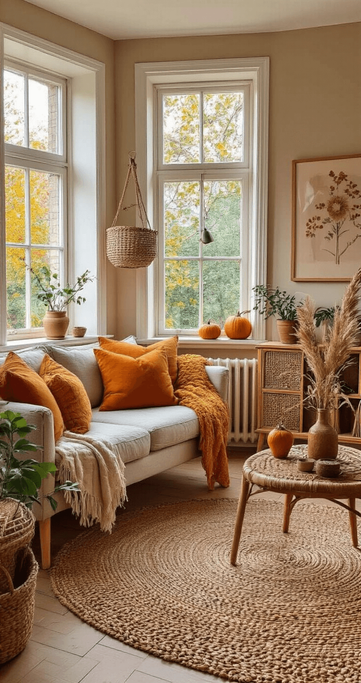 Gezellige Seizoensstyling voor Kleine Woonkamers: Van Herfst tot Kerst Budgetvriendelijke stylingtransformatie van een 10m² studio-woonkamer met DIY herfstdecoraties zoals kastanjes en pompoenen, tweedehands meubels met nieuwe textiel in aardetinten, en sfeerlichtjes.