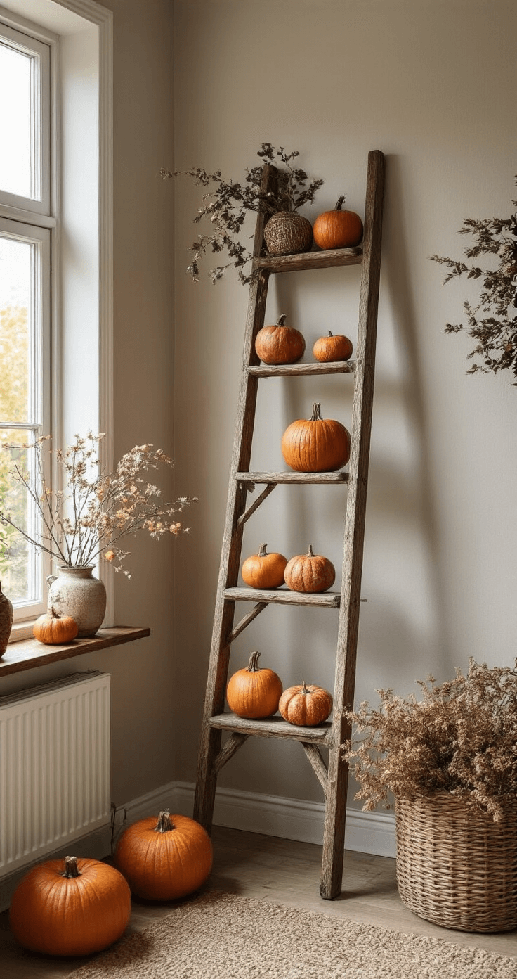 Gezellige Seizoensstyling voor Kleine Woonkamers: Van Herfst tot Kerst Detailopname van een sfeervolle Nederlandse woonkamer met een vintage houten ladder vol seizoensaccessoires, van kastanjebruine pompoenen tot goud gespoten dennenappels en zilveren mini-kerstversieringen, perfect belicht door daglicht uit een noordraam.