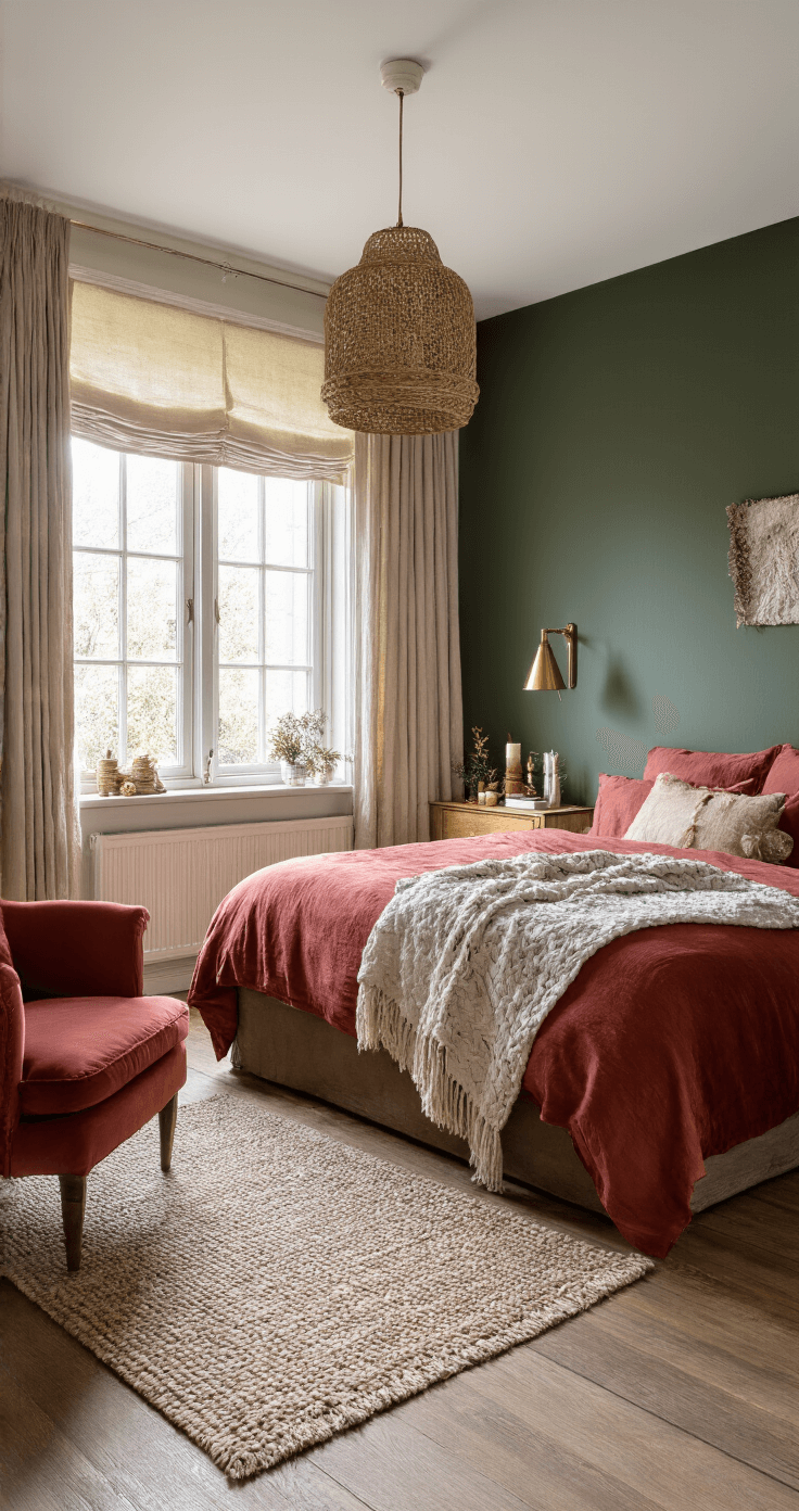 Herfst & Kerst Kleuren: Zo Creëer Je een Warm en Stijlvol Interieur Sfeervolle slaapkamer in Nederland met dennegroen hoofdbord en bordeauxrode linnengoed, gouden nachtkastjes, warme leeslampen, en een gebreide plaid in okertinten. De ruimte heeft een parketvloer met zacht tapijt en sheer gordijnen die het winterlicht filteren. Een houten ladekast is versierd met seizoensdecoratie van dennenappels en kaarsen, terwijl een terracotta velours fauteuil in de hoek staat. Het geheel straalt een serene, rustgevende ambiance uit met warme seizoenskleuren en natuurlijke materialen.