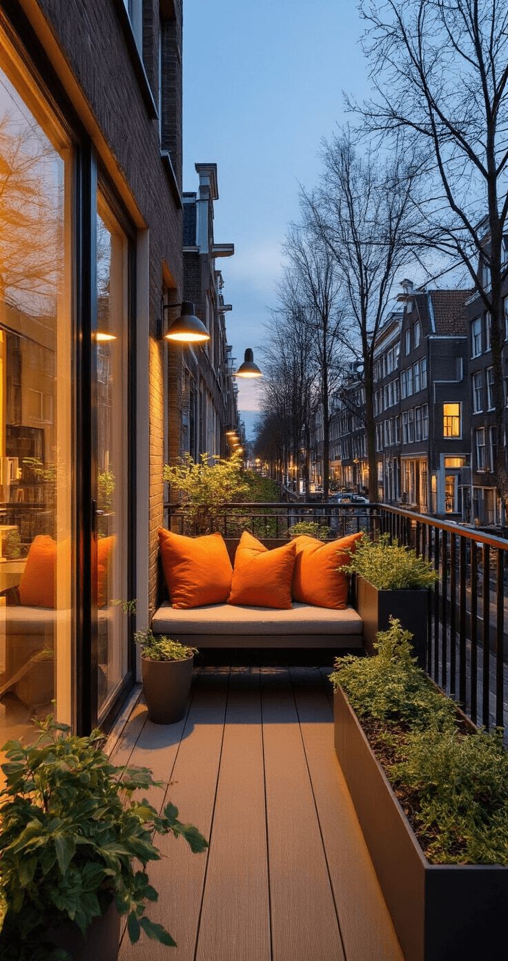 Sfeervolle Buitenverlichting: Transformeer Je Tuin deze Herfst en Kerst Moderne balkonappartement in Amsterdam bij avondlicht met solar tuinverlichting langs een smeedijzeren reling, minimalistische plantenboxen met wintergroen, industriële hangende lampen boven een houten bankje, warme terracotta kussens, en stadslichten die zacht reflecteren, opname vanuit de woonkamer naar buiten met eigentijdse en duurzame sfeer.