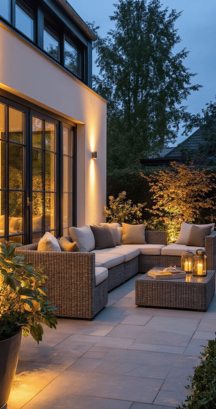 Sfeervolle Buitenverlichting: Transformeer Je Tuin deze Herfst en Kerst Stijlvolle patio met gelaagde buitenverlichting, luxe tuinmeubelen en herfstdecoratie, vastgelegd tijdens het gouden uur vanuit een verhoogd standpunt.