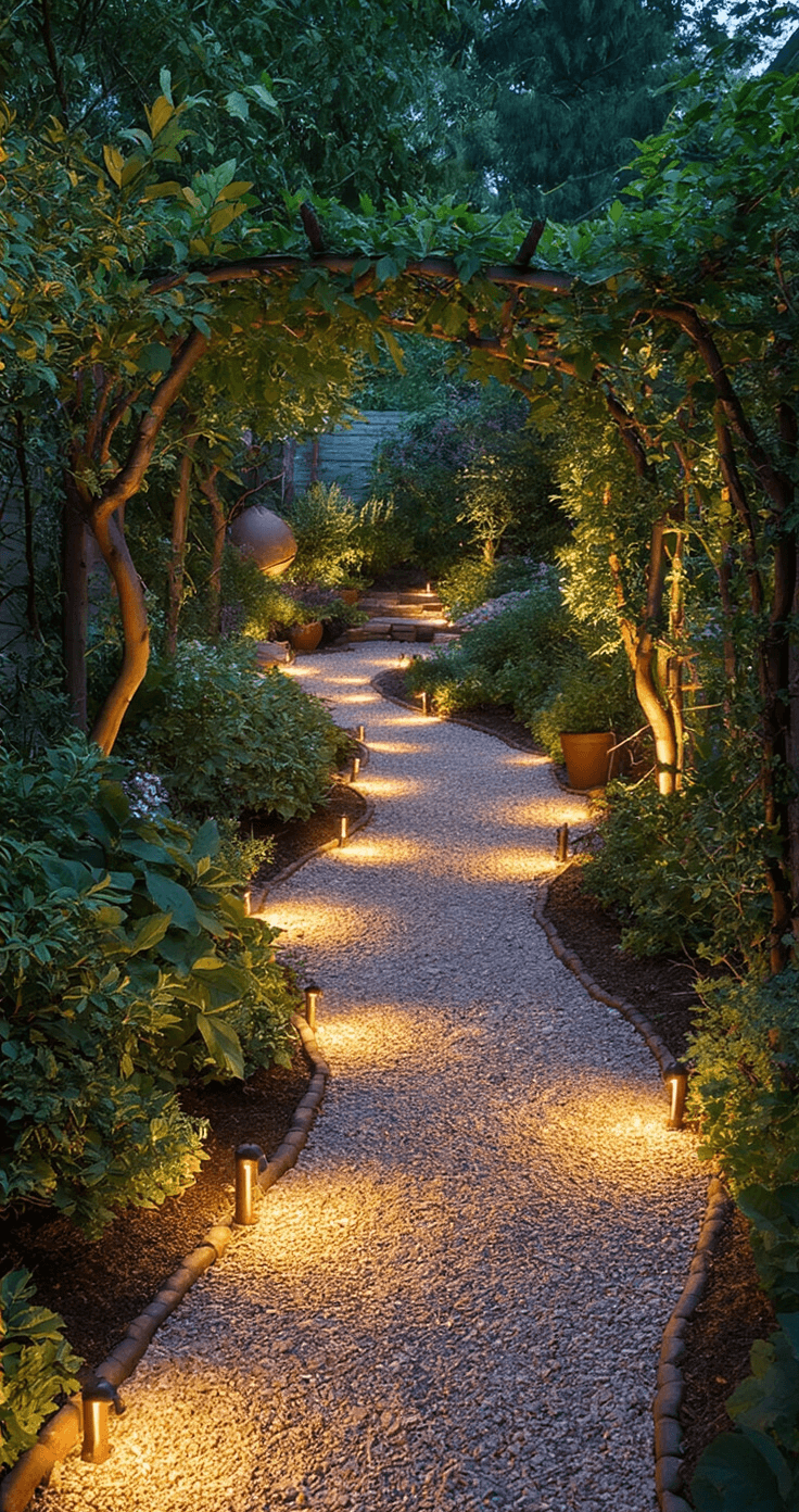 Sfeervolle Buitenverlichting: Transformeer Je Tuin deze Herfst en Kerst Creatieve tuinverlichting verlicht kronkelige grindpaden tussen struiken en bomen, met verschillende hoogtes en intensiteiten die diepte creëren, en leidt naar een sfeervolle zithoek omringd door seizoensgebonden planten in terracotta potten, waar zachte schaduwen op de muren dansen in een mysterieuze en uitnodigende atmosfeer.