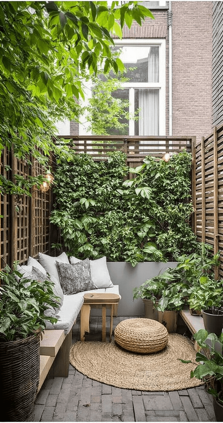 Sfeervolle Buitenverlichting: Transformeer Je Tuin deze Herfst en Kerst Budget-vriendelijke tuintransformatie in kleine stedelijke ruimte met koppelbare LED-systemen, DIY-vintage elementen, gerecyclede materialen, verticale tuinwanden met geïntegreerde spots, warme texturen en strakke lijnen, creatieve hergebruik van voorwerpen, voor-na effect en een inspirerende praktische sfeer.