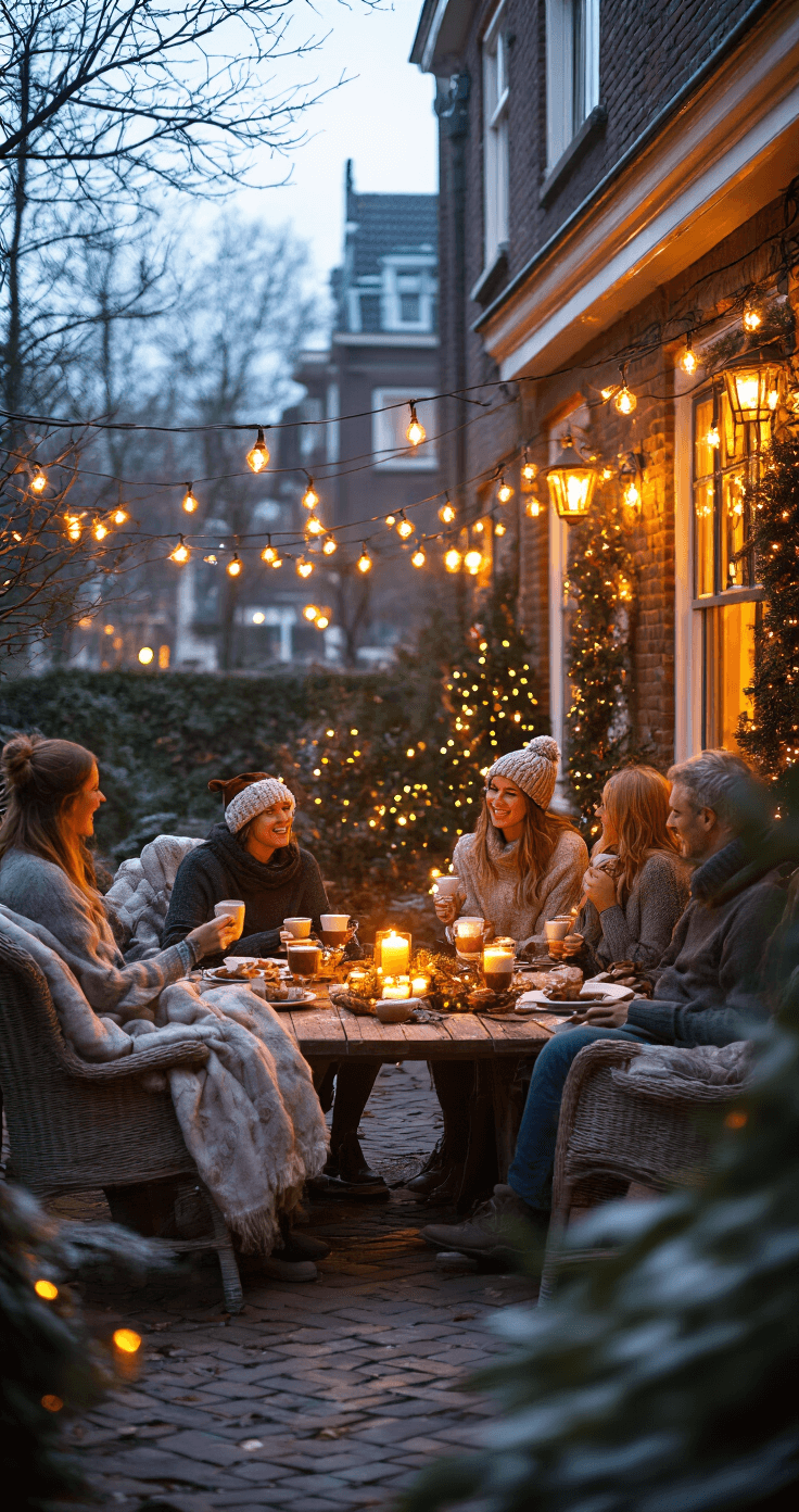Sfeervolle Buitenverlichting: Transformeer Je Tuin deze Herfst en Kerst Intieme avondscène op een Nederlands terras tijdens kerst, met gasten die genieten van warme chocolademelk onder sfeervolle verlichting, zachte dekens over stoelen, kaarslicht dat danst tussen de lampjes, en een warme gloed die gezellige gesprekken omringt.