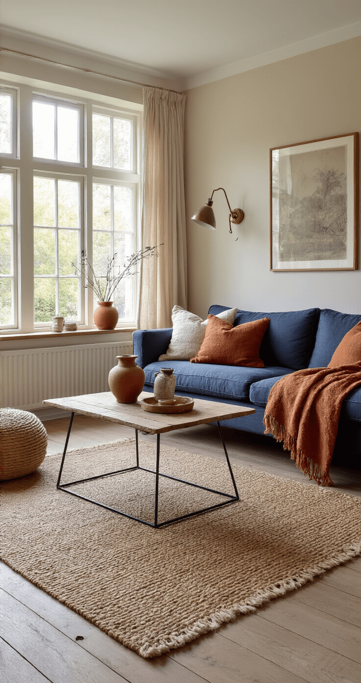 Een lichte Nederlandse woonkamer tijdens het gouden uur met witgekalkte houten balken, een donkerblauwe L-bank tegen een crème muur, geruite wollen plaids in oker en terracotta, een jute vloerkleed op eiken parket, vintage messing bijzettafels met keramische vazen, en een zacht schaduwspel door het raam met warme 2700K verlichting.