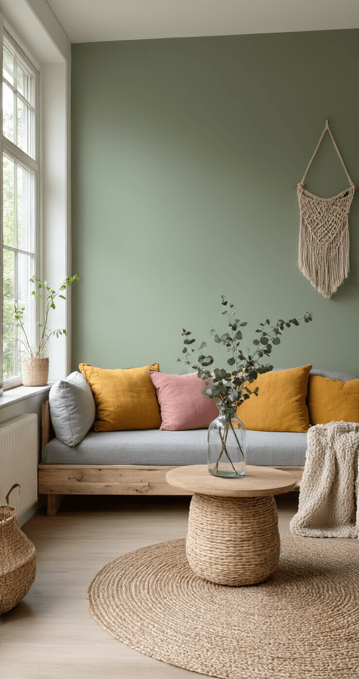 Scandinavische woonkamer met sage-groene accentmuur, grote ramen, lichtgrijze modulaire bank met gekleurde kussens, hergebruikte houten krat als salontafel, macramé wandhanger en eucalyptus in vaas, natuurlijk ochtendlicht en een minimalistisch uitstraling.