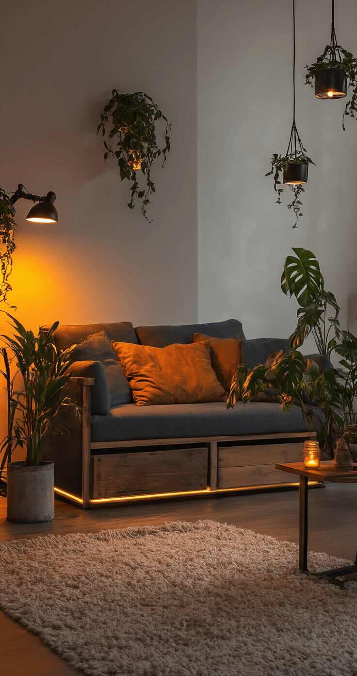 Moderne woonkamer in avondlicht met antraciet bank en metallic kussens, industriële lamp, betonnen plantapotten met monstera's en vintage houten ladekast als TV-meubel, warme amber tinten en zachte schaduwen.