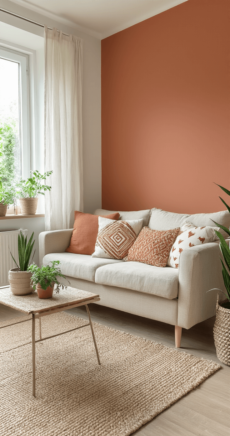 Budgetvriendelijke woonkamer met beige bank en zelfgemaakte geometrische kussens, terracotta accentmuur, zelfgemaakte planken met kamerplanten en gerecyclede glazen potten als vazen, met jute en wol texturen.