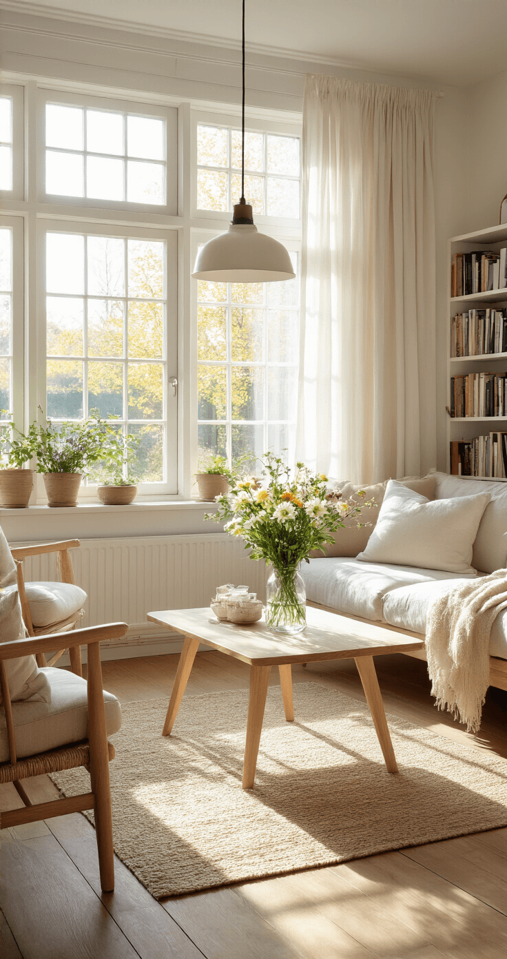 Hoe Maak Je Kleine Ruimtes Groter? 12 Slimme Design Trucs voor Meer Ruimtegevoel Kleinere Nederlandse woonkamer van 20m² met brede houten planken, hoge ramen en natuurlijke belichting. Witte wanden, crème bank, glazen salontafel met bloemen en lichte eiken vloer. De ruimte is aangekleed met linnen gordijnen, een boekenkast en moderne hanglamp, in warme pasteltinten.