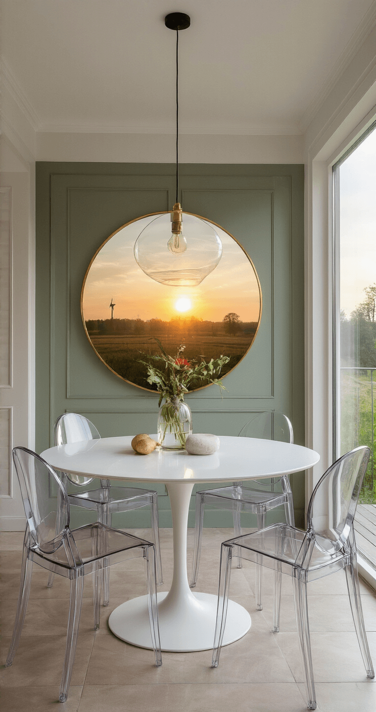 Hoe Maak Je Kleine Ruimtes Groter? 12 Slimme Design Trucs voor Meer Ruimtegevoel Moderne eetkamer met witte hoogglans muren, grote ronde spiegel, panoramaraam, transparante acryl stoelen rond een witte tafel, en een zwevende wandkast in licht hout. Gouden zonsonderganglicht verlicht de ruimte met grote vierkante lichtgrijze tegels en verticaal groen accentbehang. Minimalistische decoratie met een vaas en enkele boeken, vastgelegd vanuit een lage hoek.