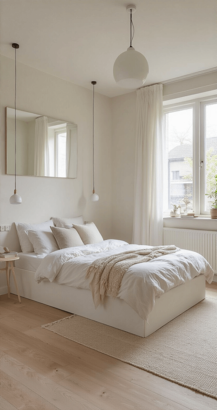 Hoe Maak Je Kleine Ruimtes Groter? 12 Slimme Design Trucs voor Meer Ruimtegevoel Kleine slaapkamer van 12m² met wit platform bed, hoge pootjes, lichte eiken vloer en grote spiegel boven het hoofdeinde. Twee hangende nachtkastjes, witte en crème bedlinnen, dunne gordijnen en minimalistische wandverlichting. Rustige sfeer met subtiele decoratie en daglicht.