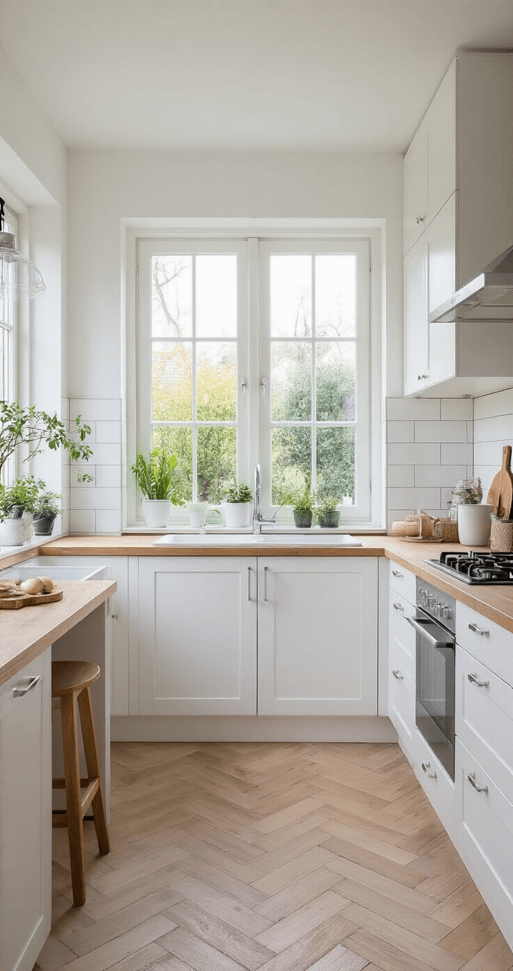 Hoe Maak Je Kleine Ruimtes Groter? 12 Slimme Design Trucs voor Meer Ruimtegevoel Moderne Nederlandse keuken van 15m² met witte hoogglans kasten tot aan het plafond, een groot raam boven de spoelbak, lichte eiken houten vloer en een glazen keukentafel, voorzien van transparante barkrukken en groene kruiden in hangpotten. Minimalistische styling met witte accessoires en een opvallende fruitschaal, gefotografeerd in helder natuurlijk licht vanuit een hoek.