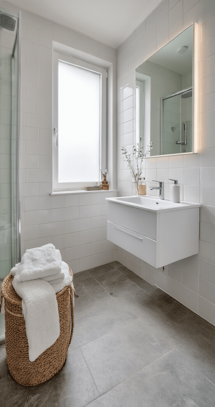 Hoe Maak Je Kleine Ruimtes Groter? 12 Slimme Design Trucs voor Meer Ruimtegevoel Compacte Nederlandse badkamer van 6m² met grote witte tegels, zwevende wastafel, glazen douchewand en subtiele LED-verlichting.