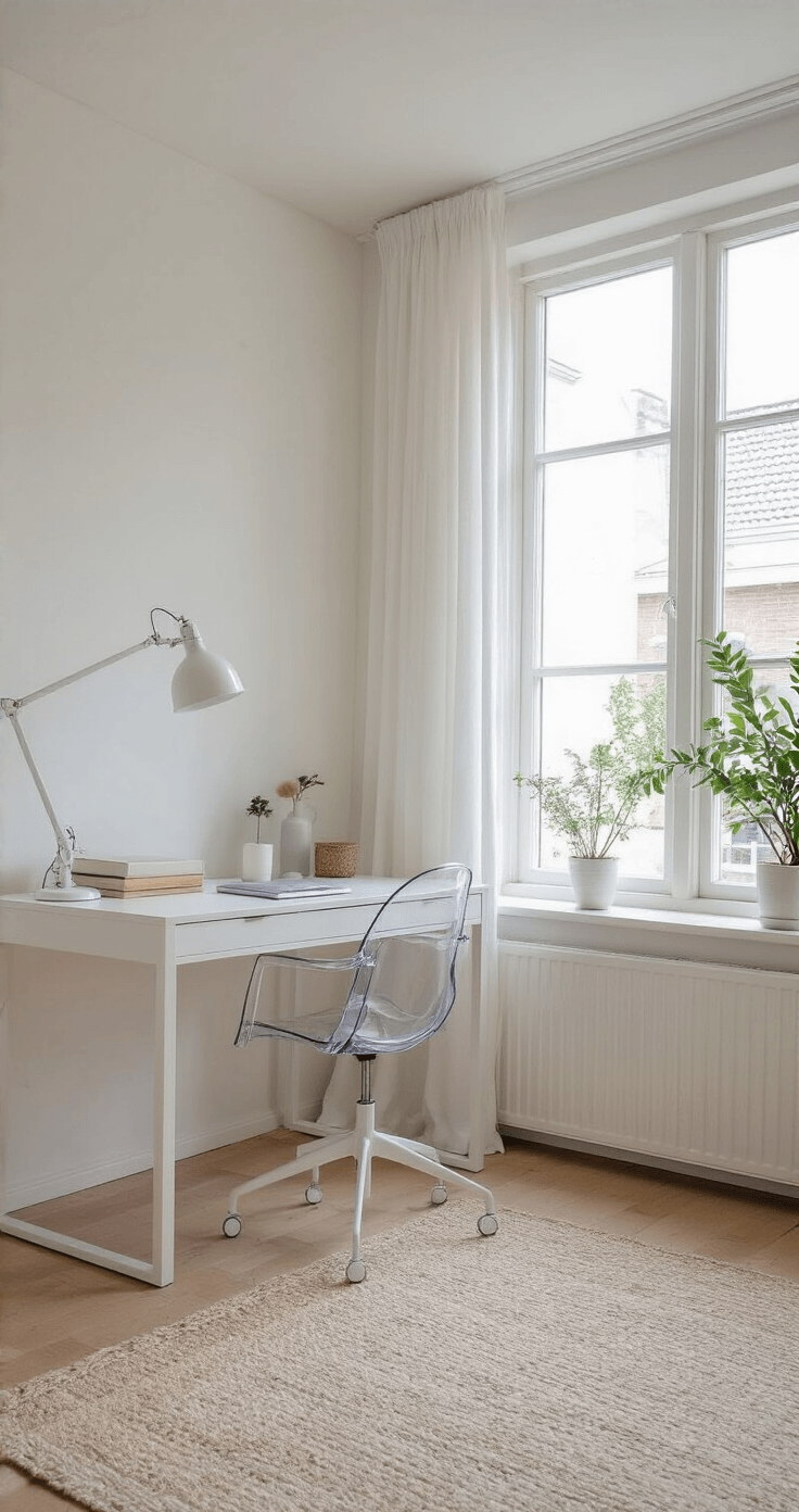 Hoe Maak Je Kleine Ruimtes Groter? 12 Slimme Design Trucs voor Meer Ruimtegevoel Moderne thuiswerkplek in een woonkamerhoek met een zwevend wit bureau, een transparante bureaustoel en een verticale boekenkast tot plafond. De lichte houten vloer is bedekt met een groot crème kleuren kleed. Er is een plant en witte accessoires voor subtiele decoratie. Zachte natuurlijke verlichting komt binnen via een dun wit gordijn. Minimalistisch en kalm interieur.