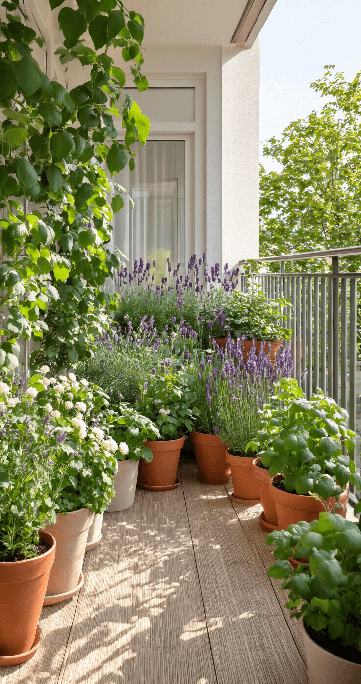 Moderne balkontuin met groene planten in terracotta potten, zachte ochtendlicht op houten vloer, gelaagd arrangement van lavendel, basilicum en geraniums, serene sfeer met stedelijke achtergrond.