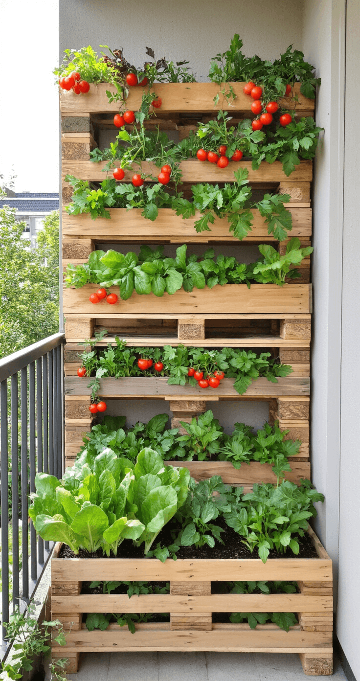 Budget-vriendelijke balkon met DIY palletplanters vol zelfgezaaide groenten zoals sla, radijsjes en cherry tomaten, gefotografeerd in helder namiddaglicht. Het balkon is praktisch ingericht met gerecyclede materialen en heeft een sociale woningbouwomgeving, met een kleurenschema van natuurlijk hout en groentinten.