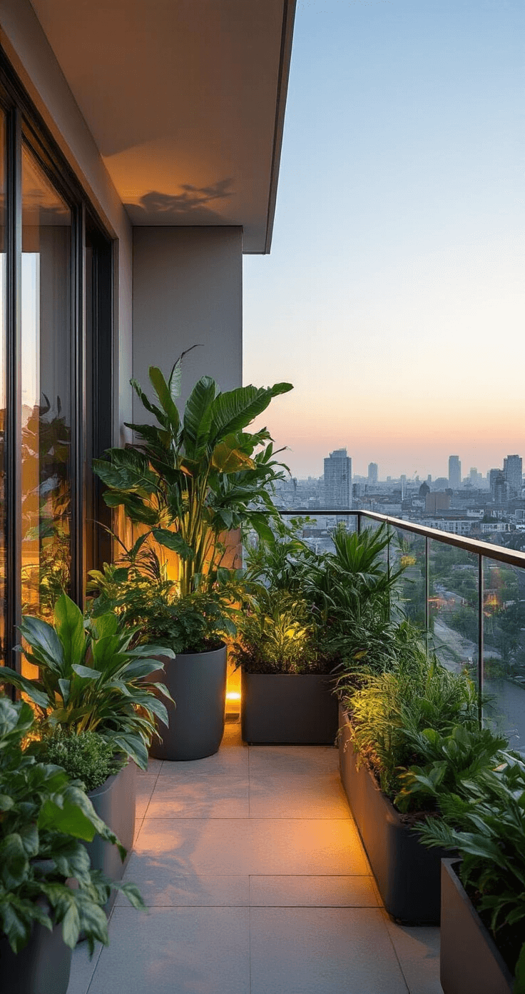 Luxe balkon-oase met smart potten en automatisch sproeisysteem, verlicht door warm LED-licht. High-tech plantenbakken met tropische planten en orchideeën, omgeven door glazen windschermen. Futuristisch zen-tuin gevoel met een skyline silhouet.
