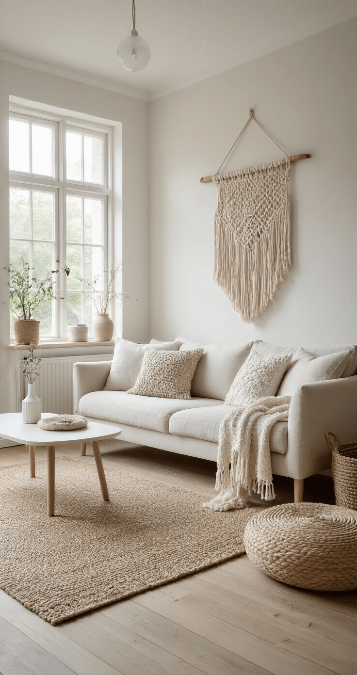 Lichte Scandinavische woonkamer met handgemaakte macramé wandhanger boven een crèmekleurige bank, witte muren, eiken vloer, en zacht ochtendlicht. Minimalistisch meubilair met een lichtgrijze loungebank, witte salontafel en jute vloerkleed in neutrale kleuren.