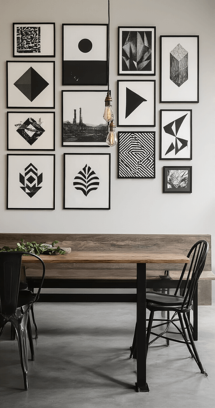 Moderne eetkamer met industriële uitstraling, gallery wall met zwart-wit grafische prints boven een donkere houten tafel, surrounded door zwarte metalen stoelen, met een betonnen muur en gepolijste betonvloer, verlicht door warme Edison lampen, groene plantenaccenten en een lage kijkhoek.