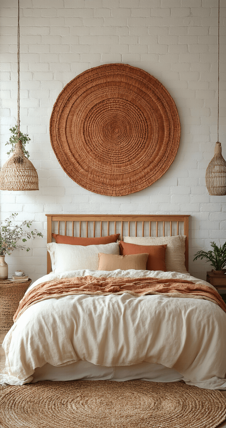 Bohemian slaapkamer met grote MDF cirkelwanddecoratie in warme aardtinten, witte bakstenen muur, donkere parketvloer, rieten hoofdeinde, linnen beddengoed en Perzisch tapijt, verlicht door gouden middaglicht.