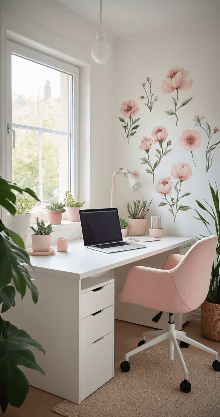 Minimalistische thuiswerkplek met witte meubels, pastel bloemenprints, succulenten en veel daglicht.