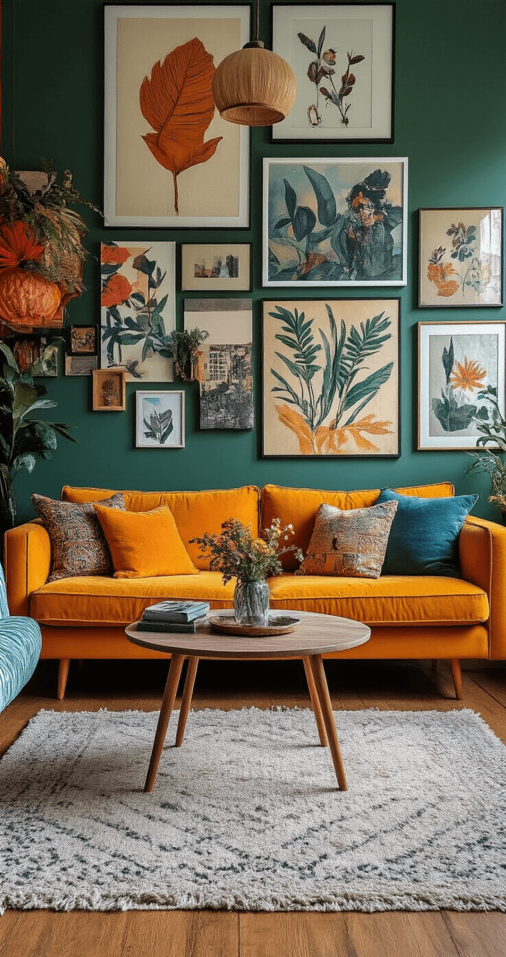 Eclectische woonkamer met veelgemaakte stylingfouten, waaronder overvolle muurcollage, verkeerde verhoudingen en clashing kleuren, met visuele chaos en verschillende meubelstijlen in felle primaire kleuren.