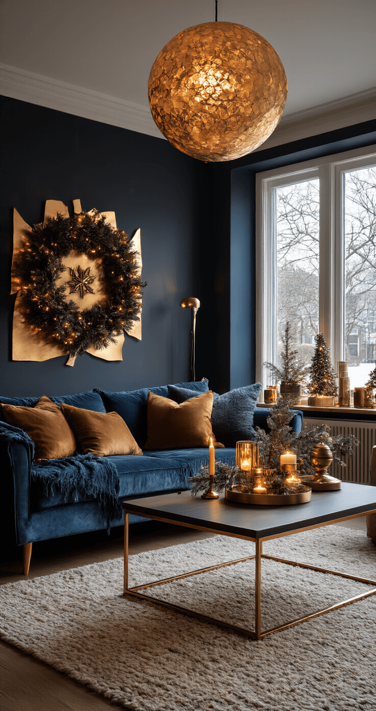 Gezellige winter woonkamer met metallic accenten, gouden MDF decoraties, warme sfeerverlichting en fluwelen meubels in diepe blauwe en grijze tinten. Subtiele kerstversiering en kaarslicht creëren een knusse ambiance.
