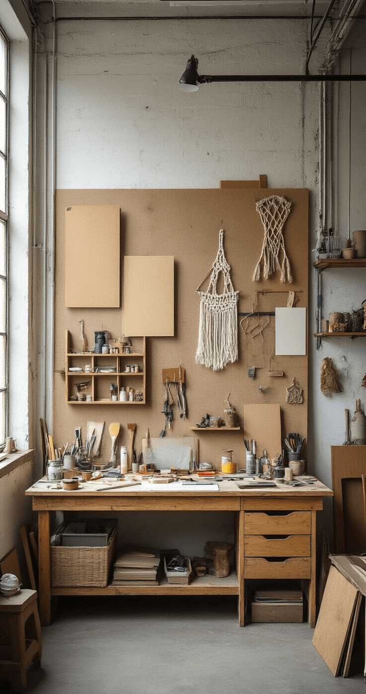 Creatieve DIY werkplaats met een houten werkbank vol materialen, macramé touw en MDF platen. De muren zijn versierd met inspiratie moodboards en half voltooide projecten. Verfspetters en gereedschap creëren een georganiseerde chaos, verlicht door industriële lampen op een betonnen vloer.