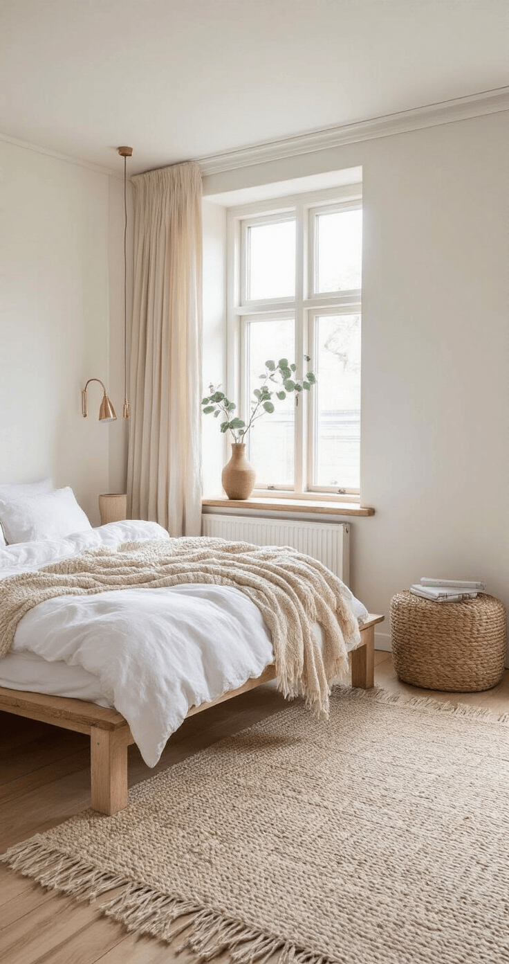 Serene Scandinavische slaapkamer met natuurlijke materialen, gouden ochtendlicht, laag houten platform bed met wit linnen, dikke wollen plaid, eiken nachtkastjes, natuursteen vaas met eucalyptus, crème tapijt, blanke lambrisering en geometrische wandlamp.