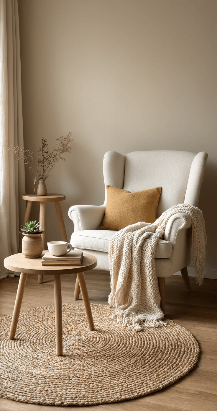 Knusse Scandinavische leeshoek met warm licht, roomwitte fauteuil, schapenwollen throw, bijzettafeltje met theekop, wandtapijt, vintage boeken, zachte kussens, succulent in aardewerk, houten vloer en Perzisch tapijt fragment.