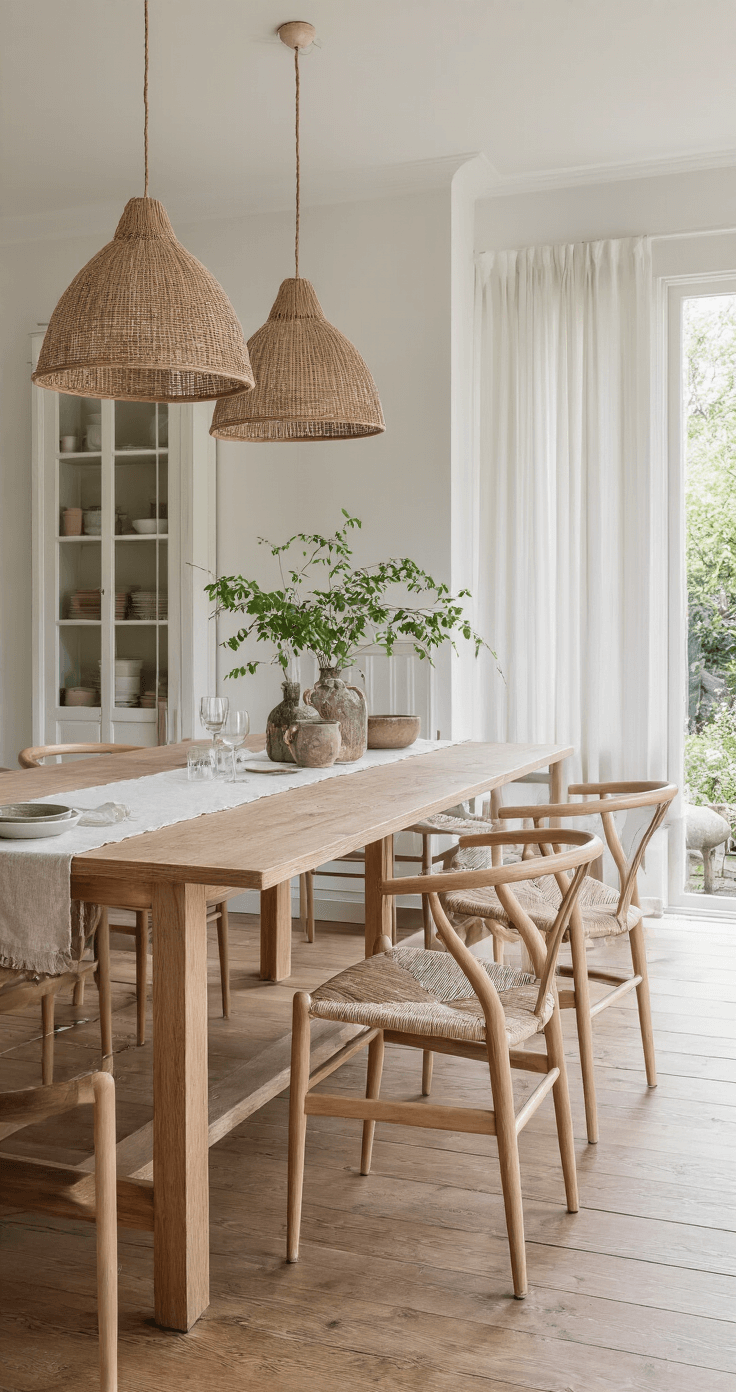 Functionele Scandinavische eetkamer met een massief eiken tafel, zes houten stoelen, een handgeweven linnen tafelkleed, keramische schalen in aardse tinten, en een grote hanglamp van zeegras, allemaal verlicht door het gouden uur.