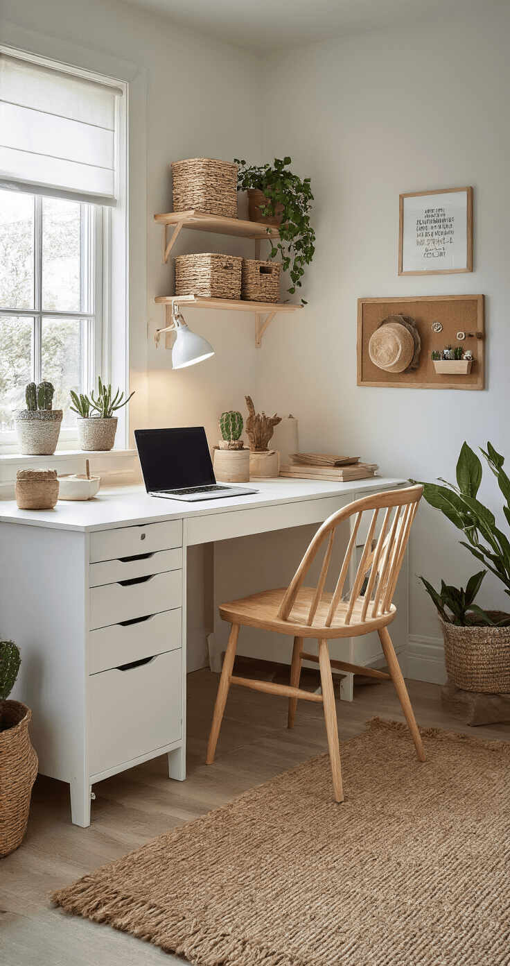 Scandinavische werkruimte met wit eiken bureau, ergonomische houten stoel, modulaire wandplanken en natuurlijke opbergmanden, verlichte door ochtendlicht.