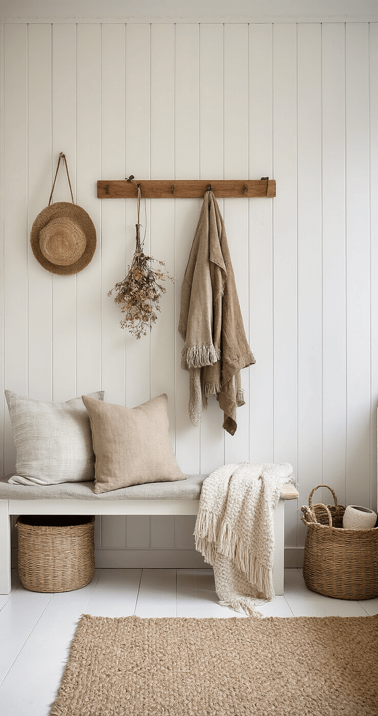 Scandinavische entree met eiken kapstok, keramische schaal, jute loper op tegelvloer, rieten manden, wandplanken met gedroogde bloemen en kaarsen, vintage spiegel, en een kleine bank met linnenkussens en wollen dekens, allemaal in warme namiddagverlichting.