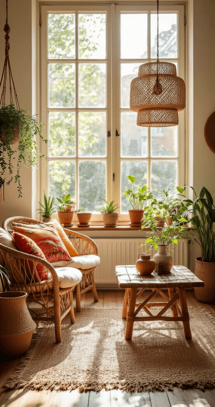 Bohemian Woonstijl: Creëer een Warme en Expressieve Leefruimte Warme bohemian woonkamer met grote ramen, rotan fauteuils met kleurrijke kussens, een vintage houten salontafel en een macramé wandkleed, verlicht door de late middagzon in terreinen van terracotta, oker en turkoois.