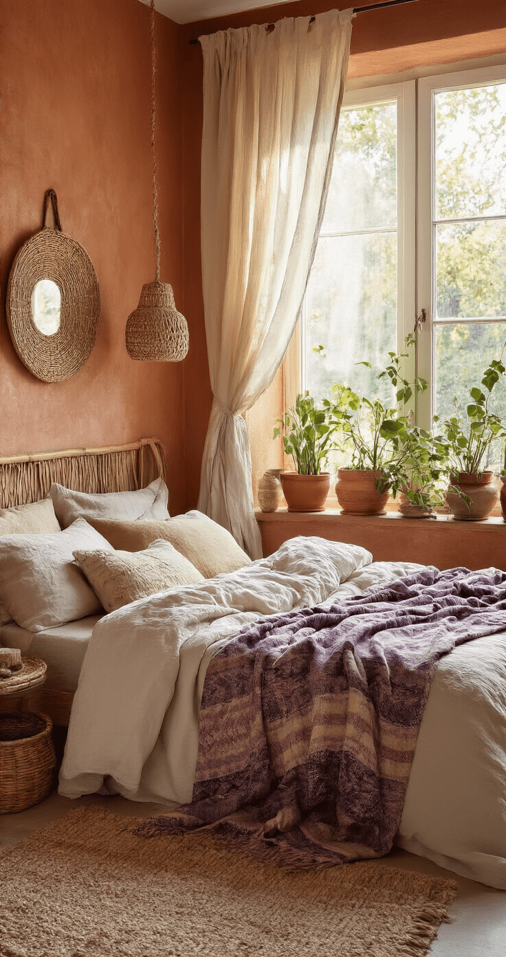 Bohemian Woonstijl: Creëer een Warme en Expressieve Leefruimte Kleurrijke boho slaapkamer met ochtendlicht, linnen dekbedovertrek in natuurtinten, wollen plaid met paarse accenten, vintage nachtkastje met gevlochten mand, handgemaakte keramiek, rotan spiegel aan terracotta muur, vetplanten in kleurrijke potten op vensterbank, diffuse belichting door sheer gordijnen.