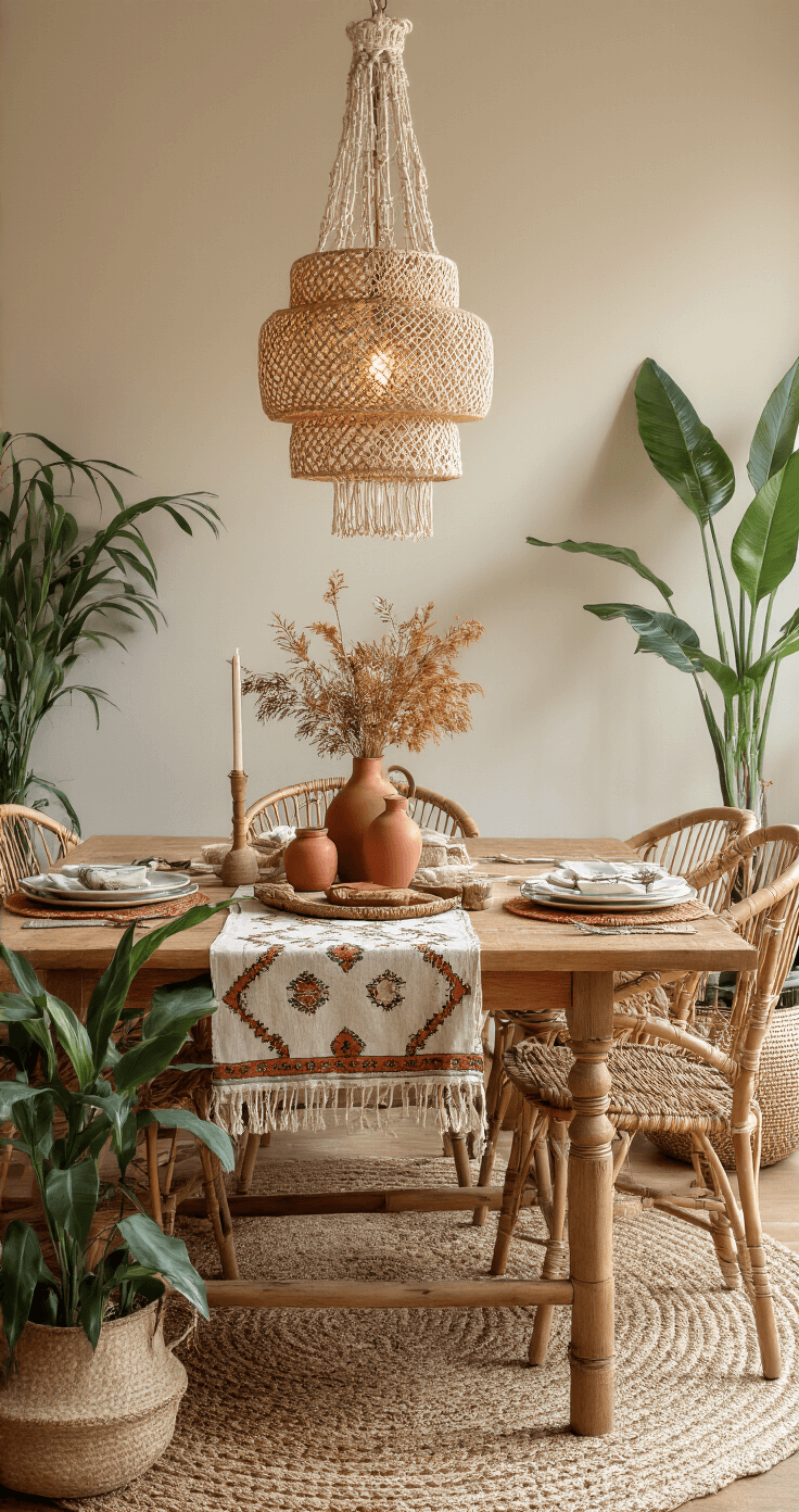 Bohemian Woonstijl: Creëer een Warme en Expressieve Leefruimte Boho eetkamer met warme avondverlichting, rotan stoelen, vintage houten tafel, linnen tafelloper met etnische print, macramé plafondlamp, aardse placemats, grote kamerplanten, handgemaakte keramische vazen met droogbloemen, turquoise en terracotta accenten op neutrale achtergrond, intieme diningssfeer.
