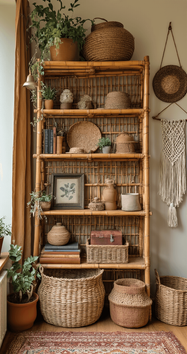 Bohemian Woonstijl: Creëer een Warme en Expressieve Leefruimte Vintage boho hoekje met reissouvenirs en erfstukken, rotan boekenplank vol handgemaakte accessoires, antieke foto's in verschillende lijsten, gevlochten manden, macramé wandhanger met kleine planten, warme aardse kleuren en zachte zijdelingse belichting.