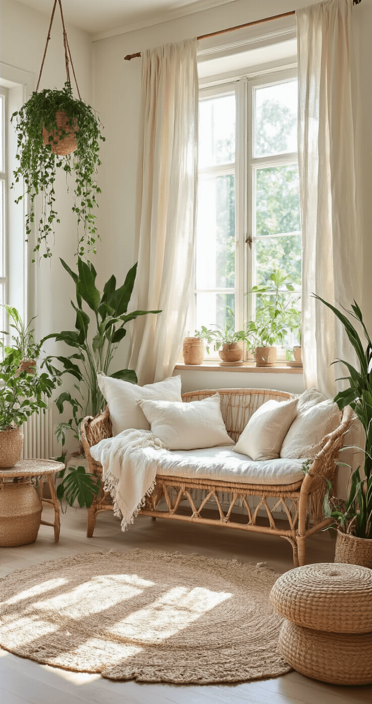 Bohemian Woonstijl: Creëer een Warme en Expressieve Leefruimte Seizoensgebonden boho woonruimte in de zomer met lichte stoffen, rotan bank, veel groen van hangplanten, en wit-beige basis met turkoois en koraal accenten.