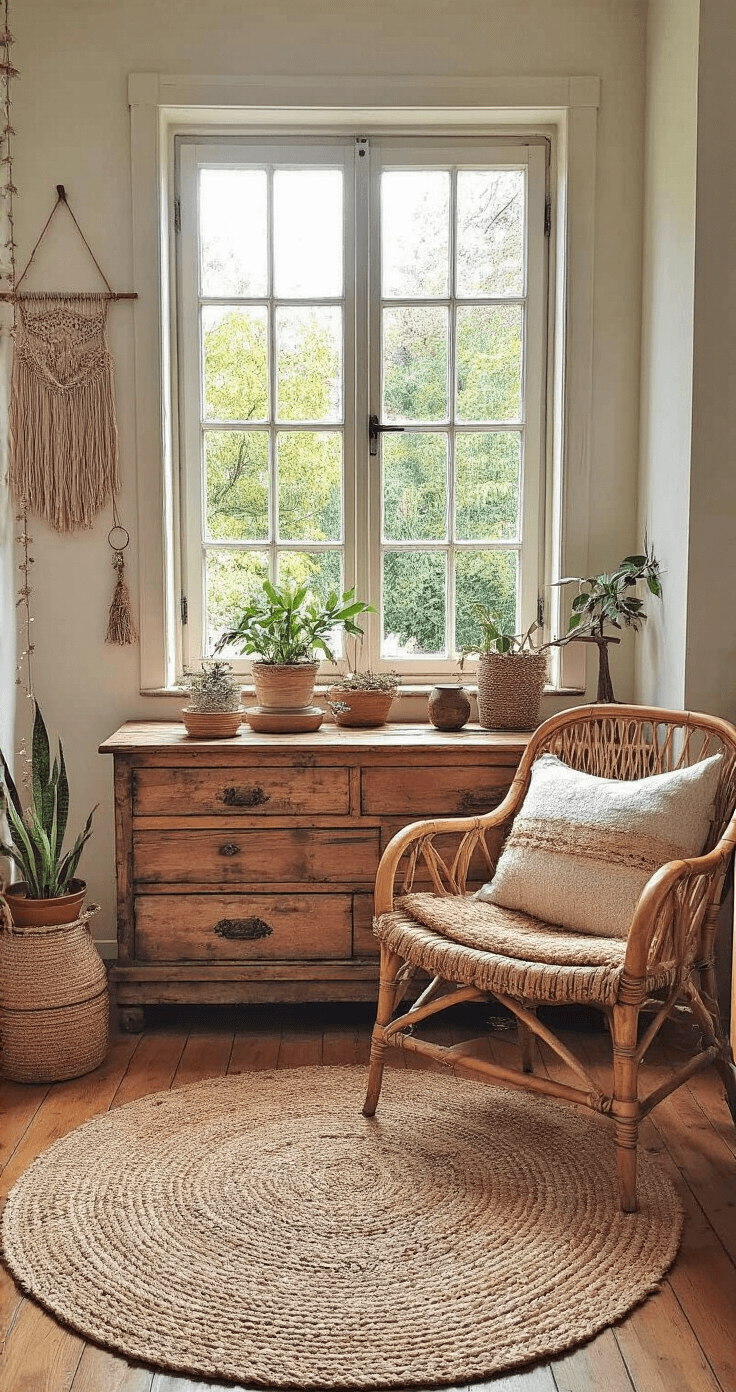 Bohemian Woonstijl: Creëer een Warme en Expressieve Leefruimte Budget-vriendelijke boho woonkamer met tweedehands meubels, zoals een houten kist als salontafel en een retro fauteuil met nieuwe kussens, versierd met DIY macramé wanddecoratie en zelfgemaakte plantenhangers. Warme aardse tinten met felle accenten en natuurlijk daglicht vanuit het zijraam benadrukken de authentieke, creatieve sfeer.