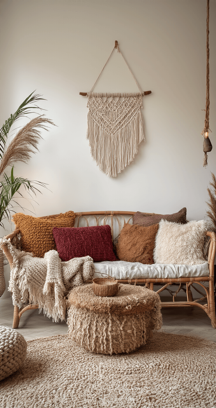 Bohemian Woonstijl: Creëer een Warme en Expressieve Leefruimte Gezellige winterse boho-interieur met warme kleuren, wollen dekens op een linnen bank, gelaagde vloerkleden, rotan meubels met pluche kussens in bordeaux en bruin, macramé wandkleden en kamerplanten in gevlochten manden, sfeervolle verlichting voor een warm gevoel.