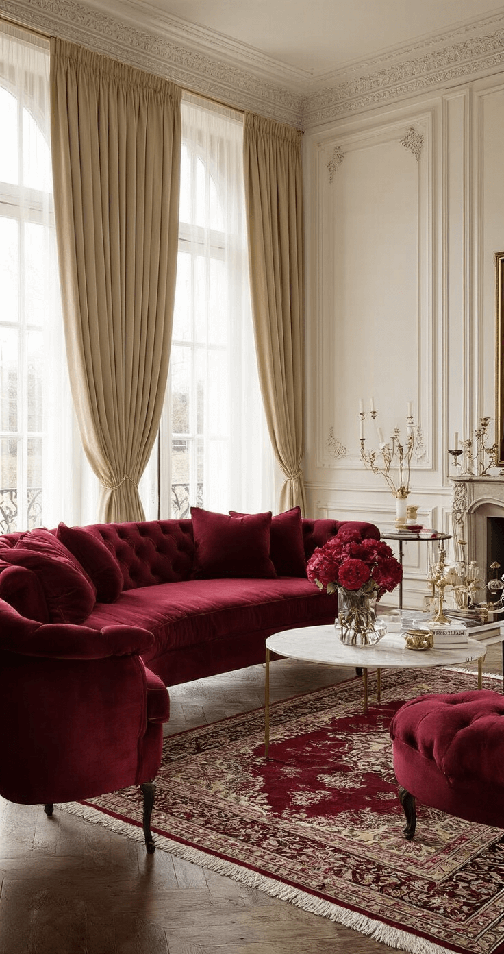 Kleurentrends 2025/2026: Ontdek de Meest Opvallende Tinten voor Mode en Interieur Luxueuze woonkamer met bordeauxrode fluwelen bank, hoge plafonds, grote ramen, warm gouden uurlicht, antiek Perzisch tapijt, messingen bijzettafels en dieprode pioenrozen.