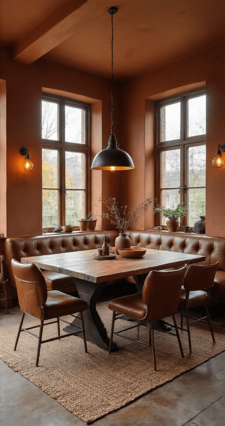Kleurentrends 2025/2026: Ontdek de Meest Opvallende Tinten voor Mode en Interieur Moderne eetkamer met chocoladebruine lederen stoelen rond een massief walnotenhouten tafel, industriële accenten, mokkakleurige wanden, betonnen vloer met jute loper, warme LED-verlichting en een gietijzeren hanglamp. Vintage leren fauteuil in de hoek en decoraties van koper en terracotta.