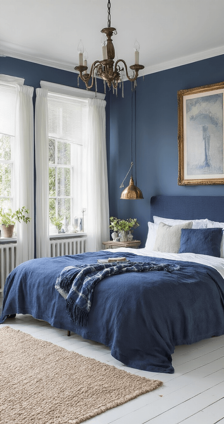 Kleurentrends 2025/2026: Ontdek de Meest Opvallende Tinten voor Mode en Interieur Serene slaapkamer in navy en poederblauw met dakraam en French doors, zachte ochtendzon, witte houten vloer, vintage look, getufte hoofdeinde, witte lakens, antieke nachtkastjes, ceramieken lampen, verse hortensia's, mohair plaid, vintage spiegel, handgeweven kleed, natuurlijk daglicht.