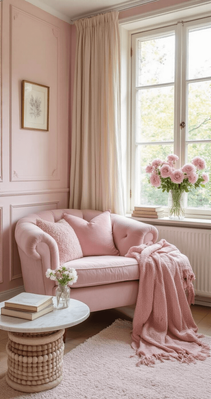 Kleurentrends 2025/2026: Ontdek de Meest Opvallende Tinten voor Mode en Interieur Romantische leeshoek in dusty pink en crème met een roze fluwelen fauteuil, marmeren bijzettafel, verse pioenrozen, en zachte kasjmier plaid, bathed in zachte namiddagzon.